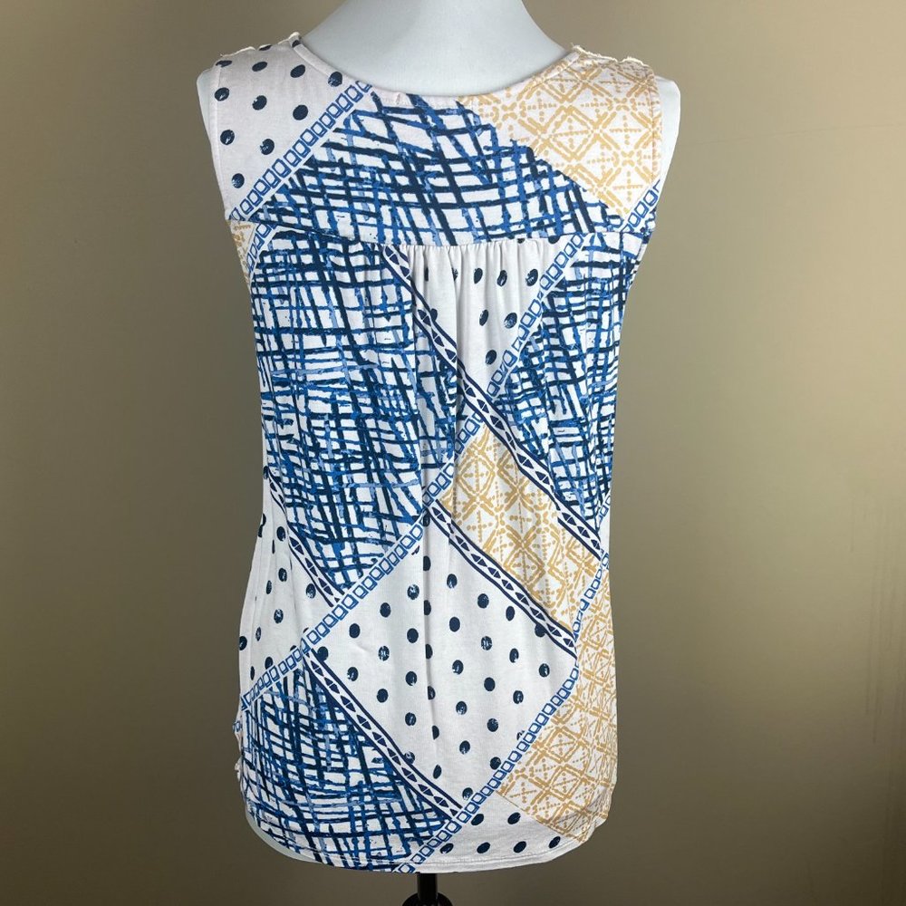 Loveappella Sleeveless Top Size S Blue Gold Cream, Geometric Patterns, Lace - Picture 4 of 8